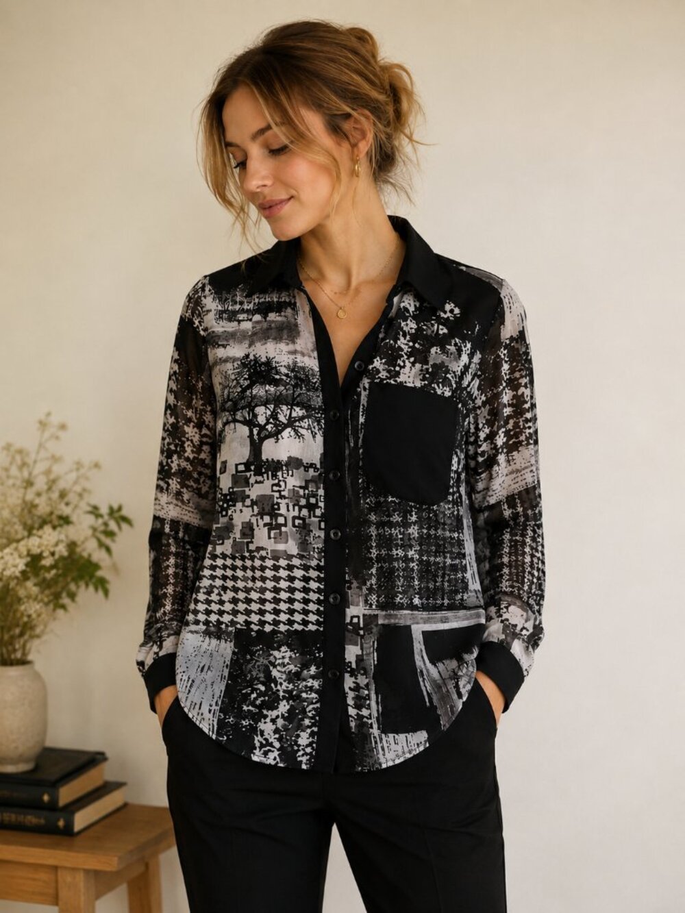 San Francisco Black & White Abstract Button-Up Blouse | Long Sleeve Shirt